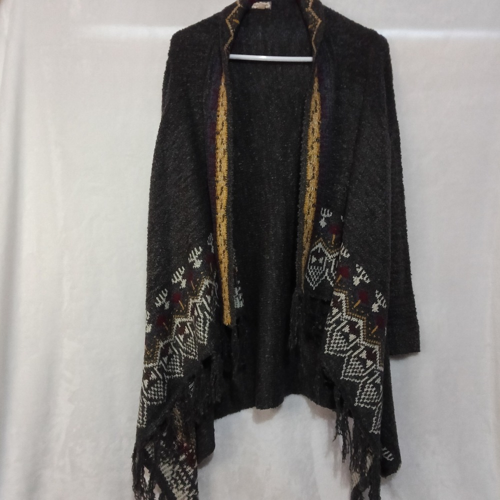 Eyeshadow Womens Gray Boucle Fringe Open Front Cardigan Fair Isle Boho Medium